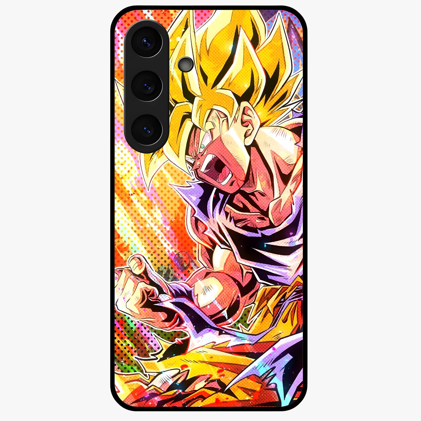 Firing Goku Glass Case showing flat back view with powerful anime inspired artwork and glossy glass finish.