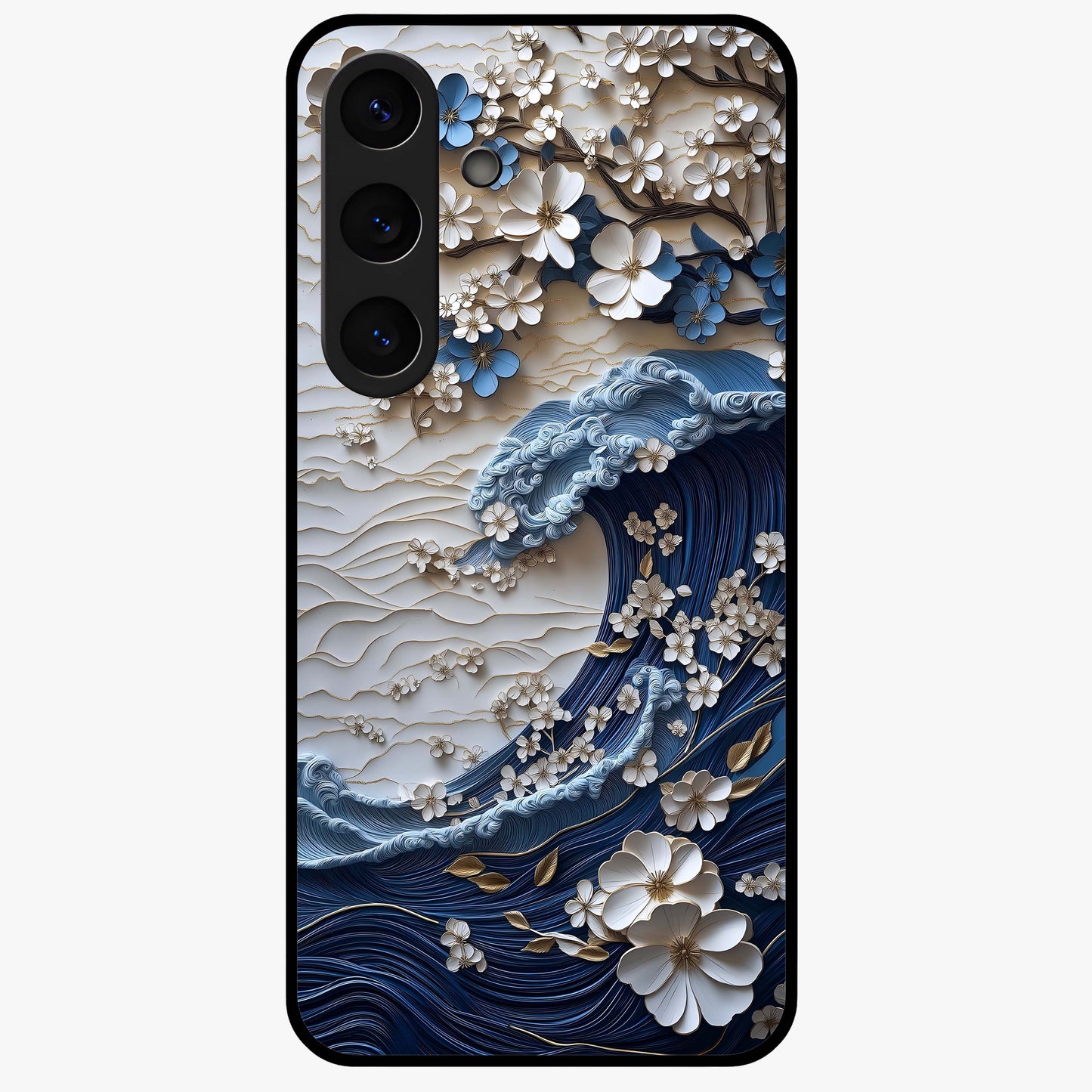 Floral Wave Origami Glass Case showing flat back view with origami inspired floral wave artwork and glossy glass finish.