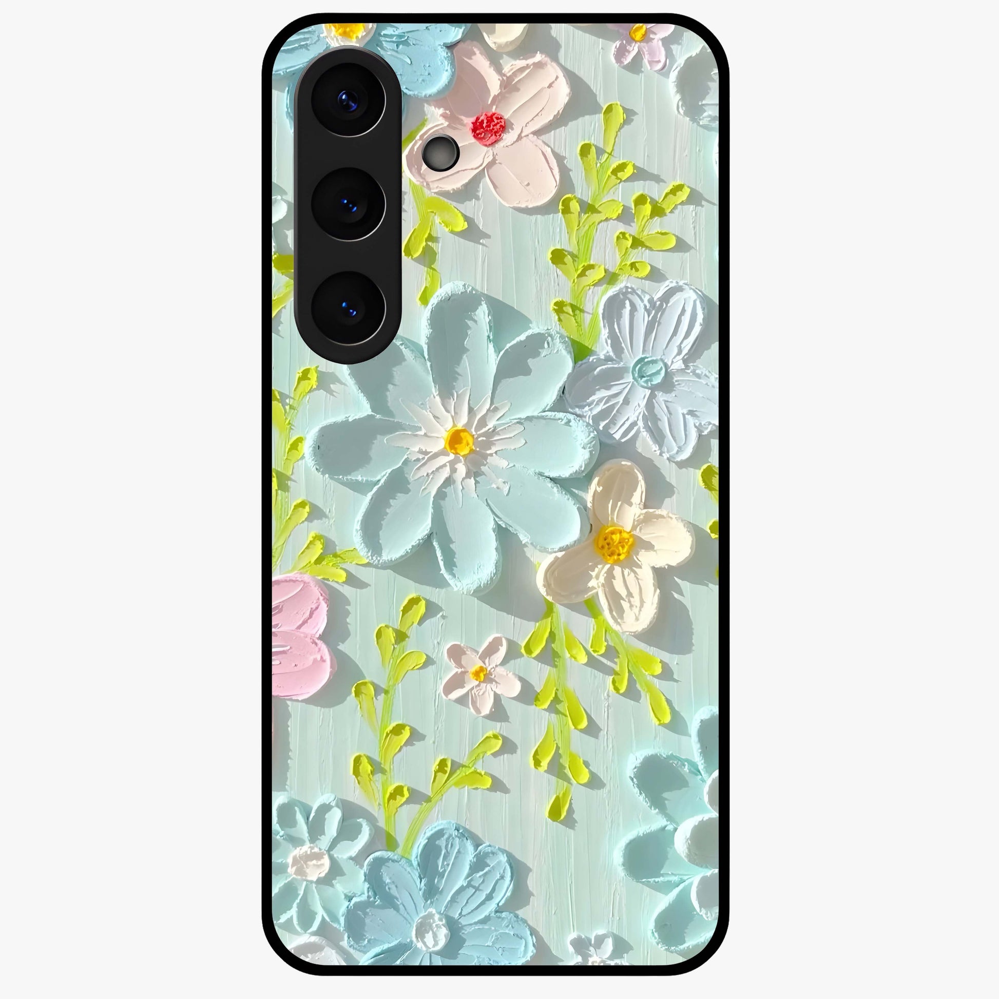 Frosted Petal Garden Glass Case showing flat back view with soft frosted floral artwork and glossy glass finish.