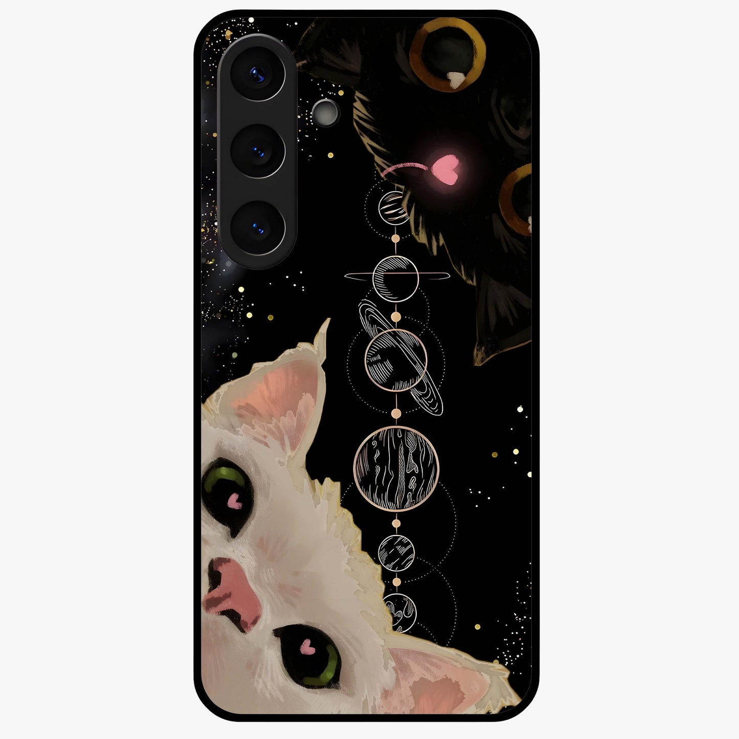 Galactic Cat Glass Case showing flat back view with cosmic cat artwork and glossy glass finish.