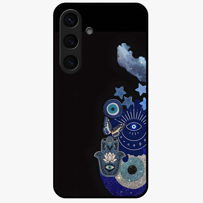 Galactic Charm Cluster Glass Case showing flat back view with glowing celestial charm artwork and glossy glass finish.