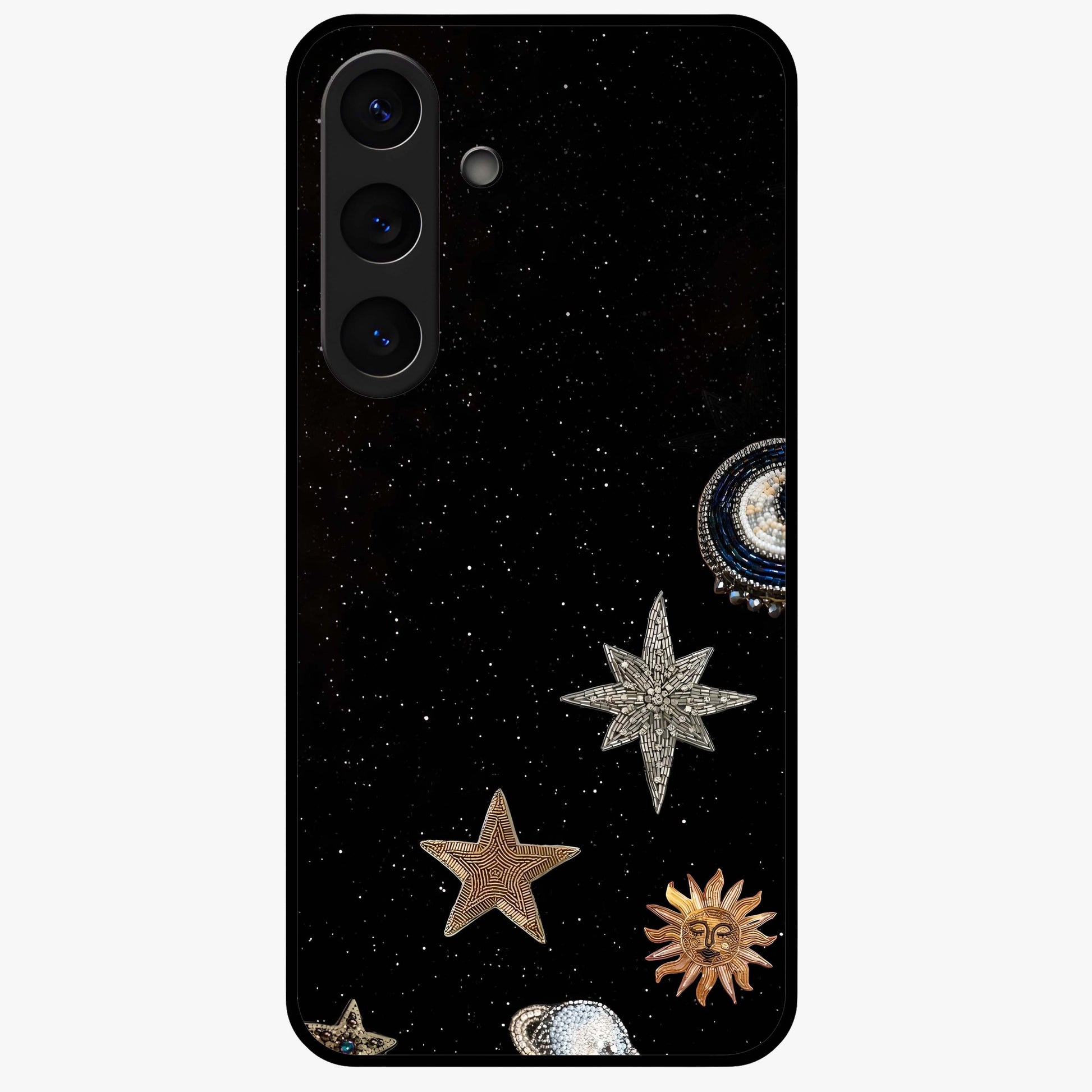 Galactic Charm Glow Glass Case showing flat back view with glowing celestial charm artwork and glossy glass finish.