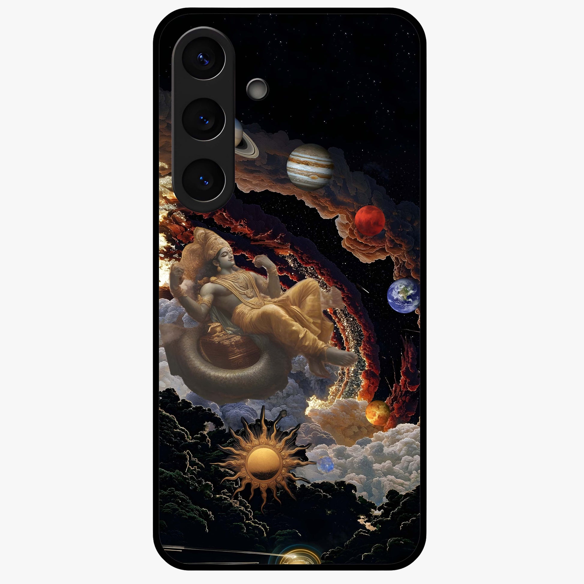 Galactic Divine God Glass Case showing flat back view with divine cosmic themed artwork and glossy glass finish.