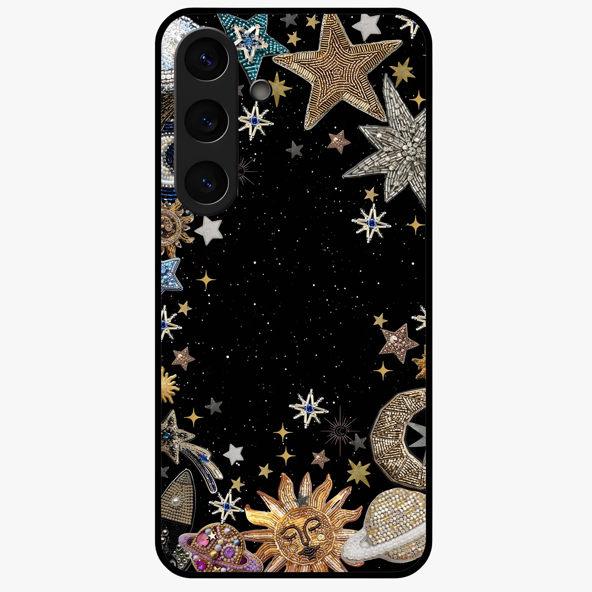 Galactic Jewel Stars Glass Case showing flat back view with sparkling star jewel artwork and glossy glass finish.