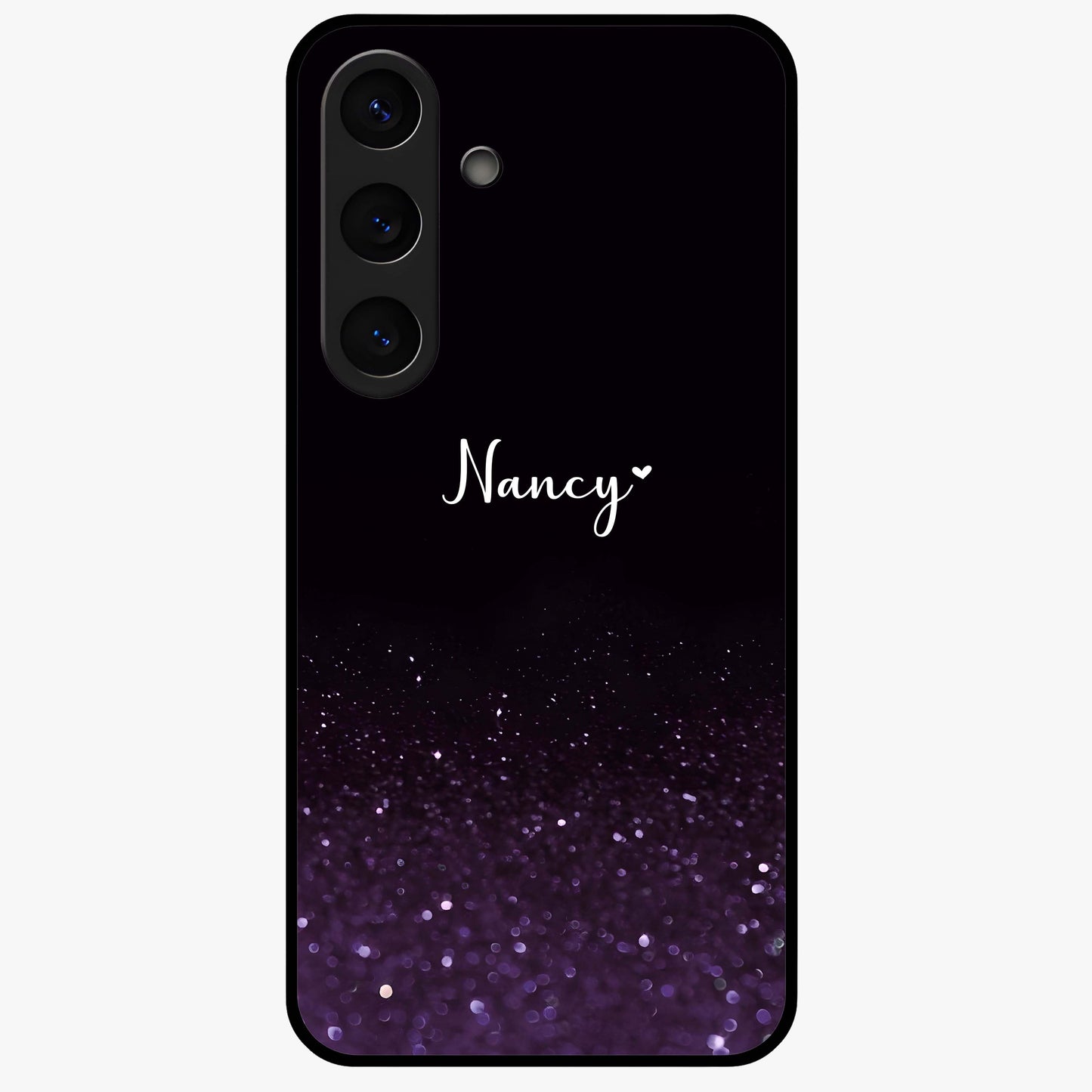 Glittery Purple Bokeh Custom Name Glass Case showing flat back view with purple bokeh sparkle artwork and personalized name design.