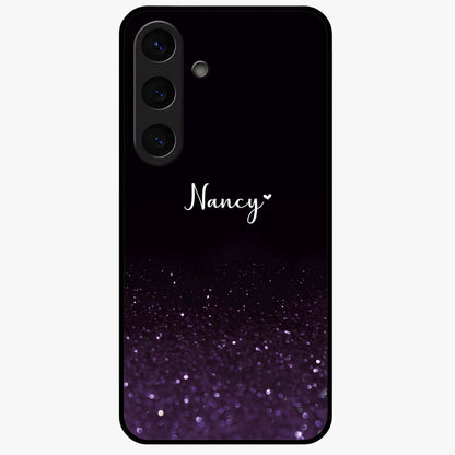 Glittery Purple Bokeh Custom Name Glass Case showing flat back view with purple bokeh sparkle artwork and personalized name design.
