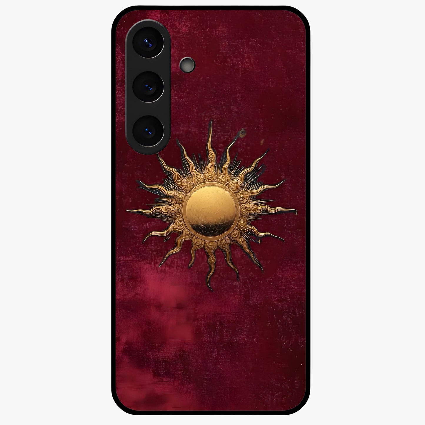 Gold Sun Blush Glass Case showing flat back view with golden sun inspired artwork and glossy glass finish.