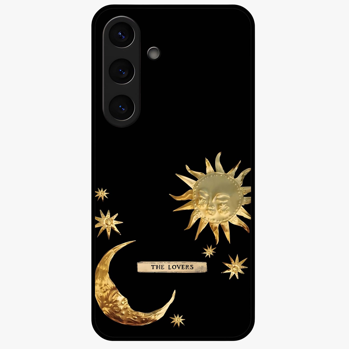 Golden Celestial Charm Glass Case showing flat back view with golden celestial charm artwork and glossy glass finish.
