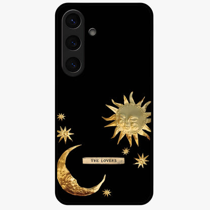 Golden Celestial Charm Glass Case showing flat back view with golden celestial charm artwork and glossy glass finish.
