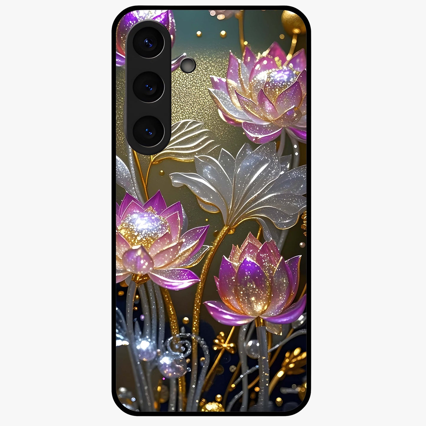 Golden Lotus Glow Glass Case showing flat back view with glowing lotus flower artwork and glossy glass finish.