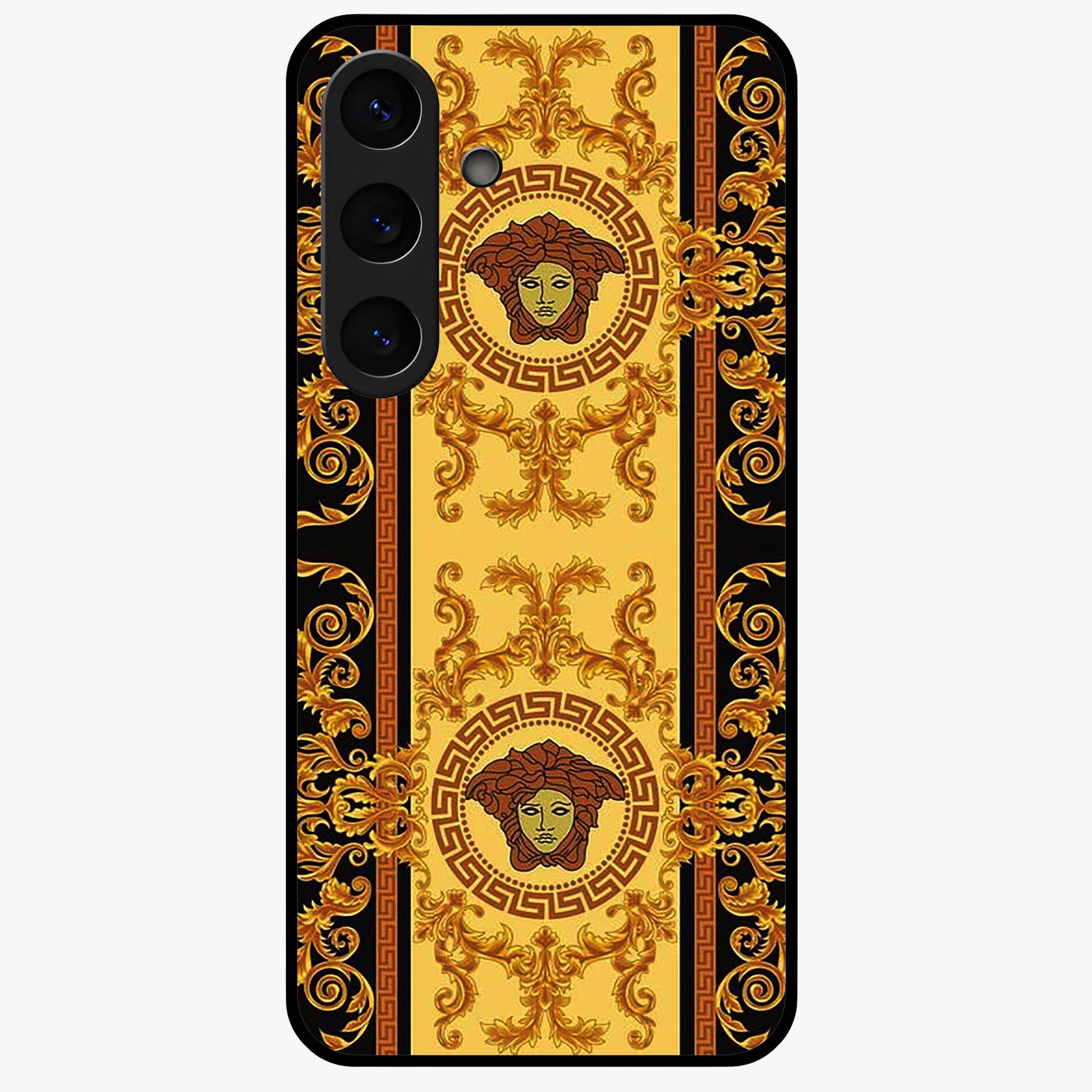 Golden Royal Heritage Glass Case showing flat back view with ornate royal pattern artwork and glossy glass finish.