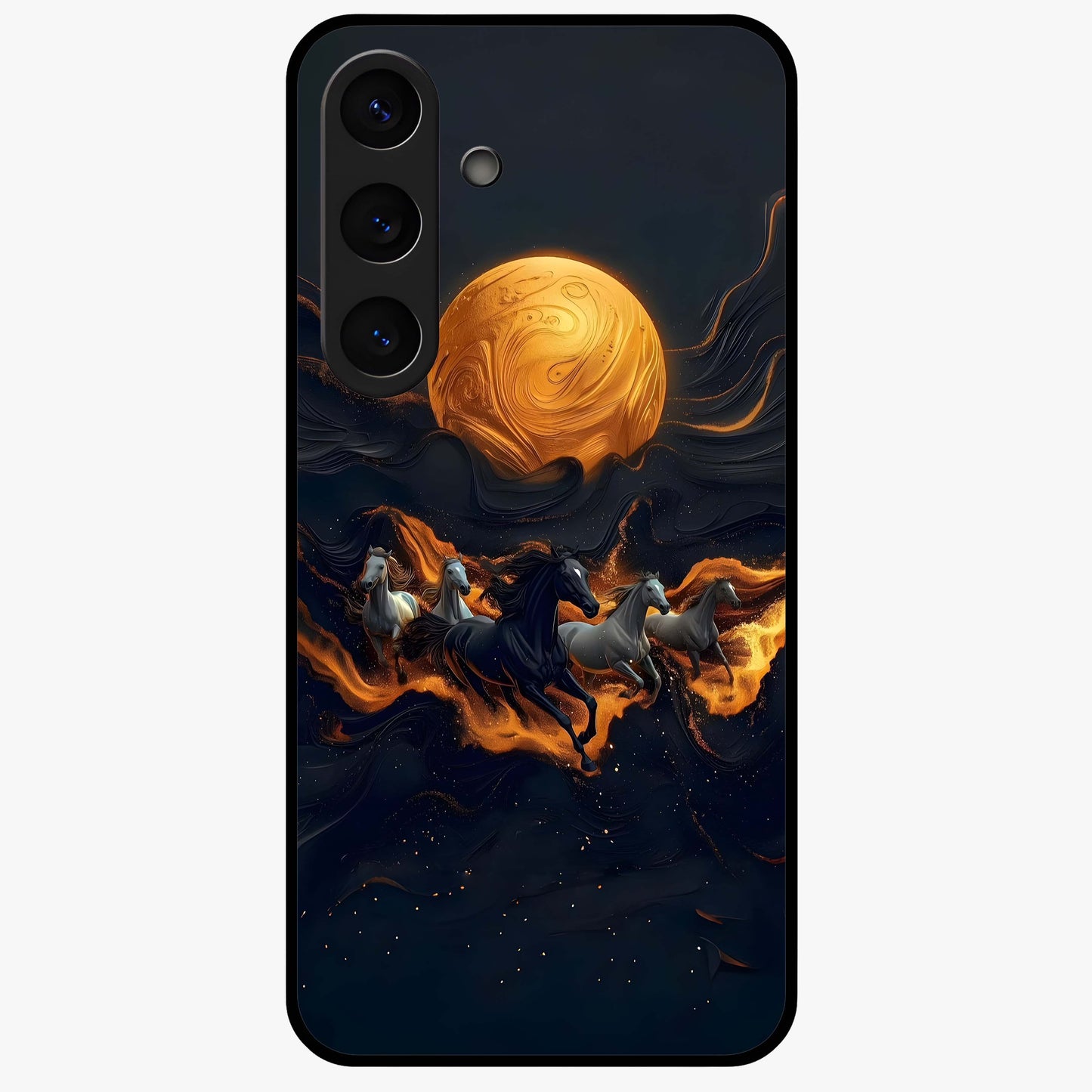 Golden Stallion Moonride Glass Case showing flat back view with majestic horse under moonlight artwork and glossy glass finish.