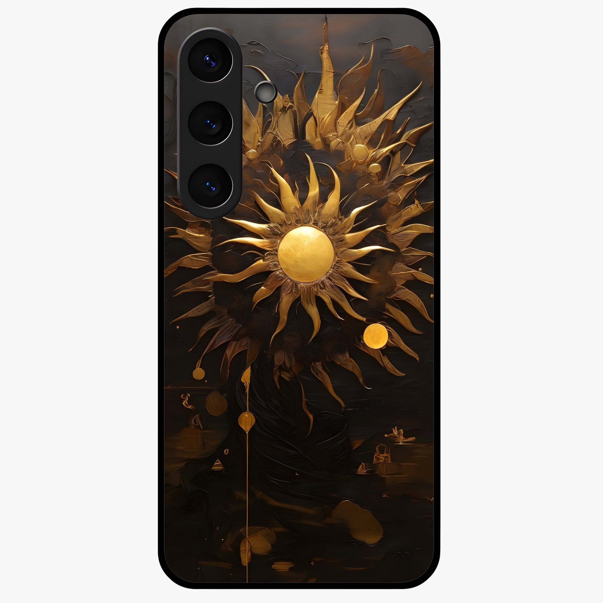 Golden Sun Majesty Glass Case showing flat back view with radiant golden sun artwork and glossy glass finish.