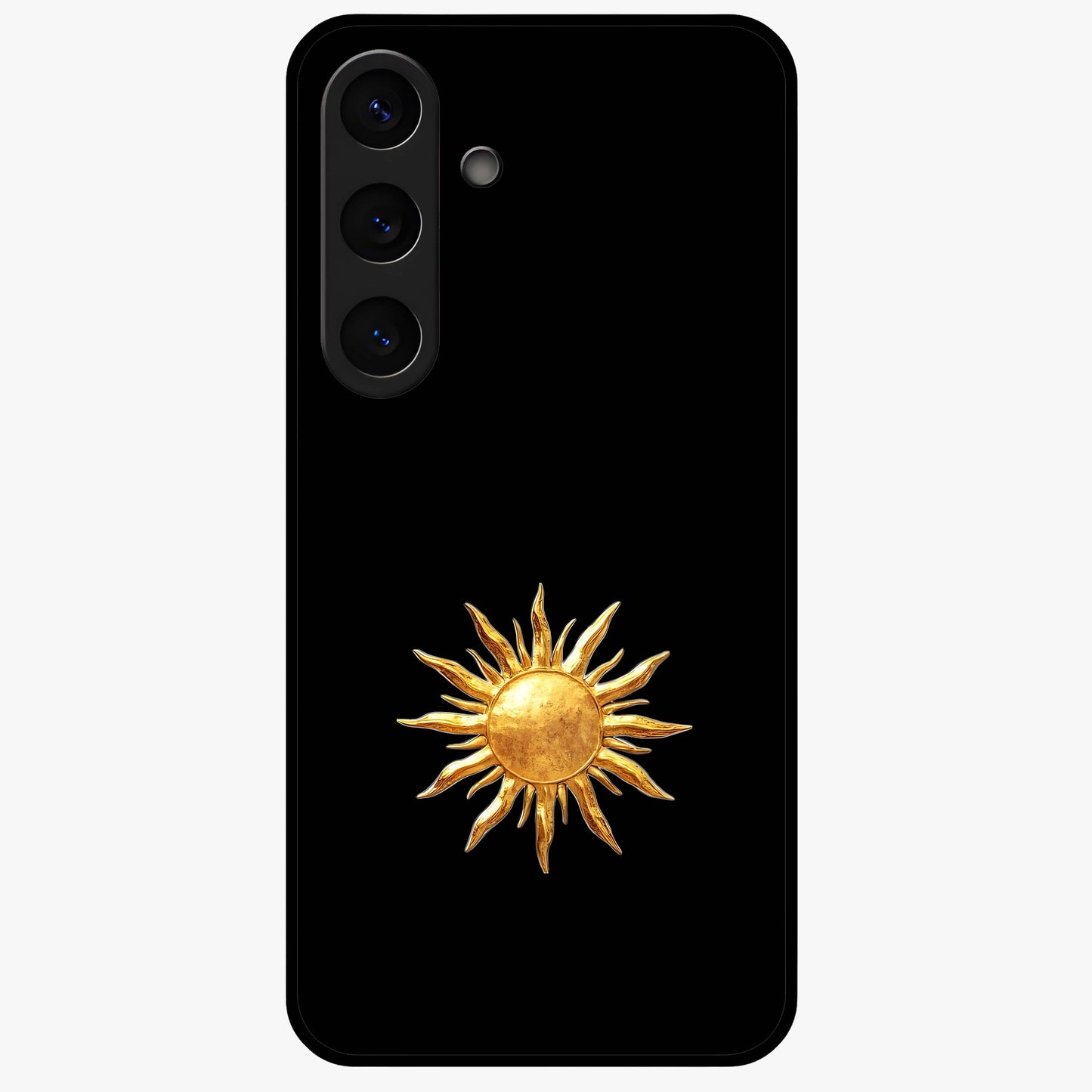 Golden Sun Minimalism Glass Case showing flat back view with minimal golden sun artwork and glossy glass finish.