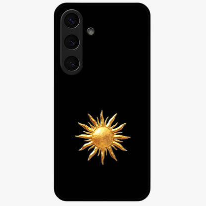 Golden Sun Minimalism Glass Case showing flat back view with minimal golden sun artwork and glossy glass finish.