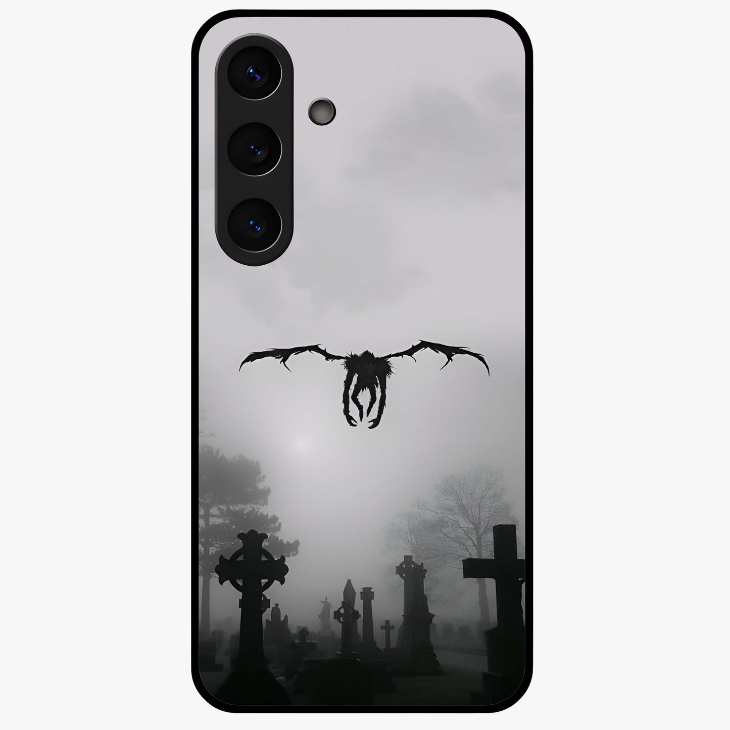 Graveyard Shadow Descent Glass Case showing flat back view with dark graveyard themed artwork and glossy glass finish.
