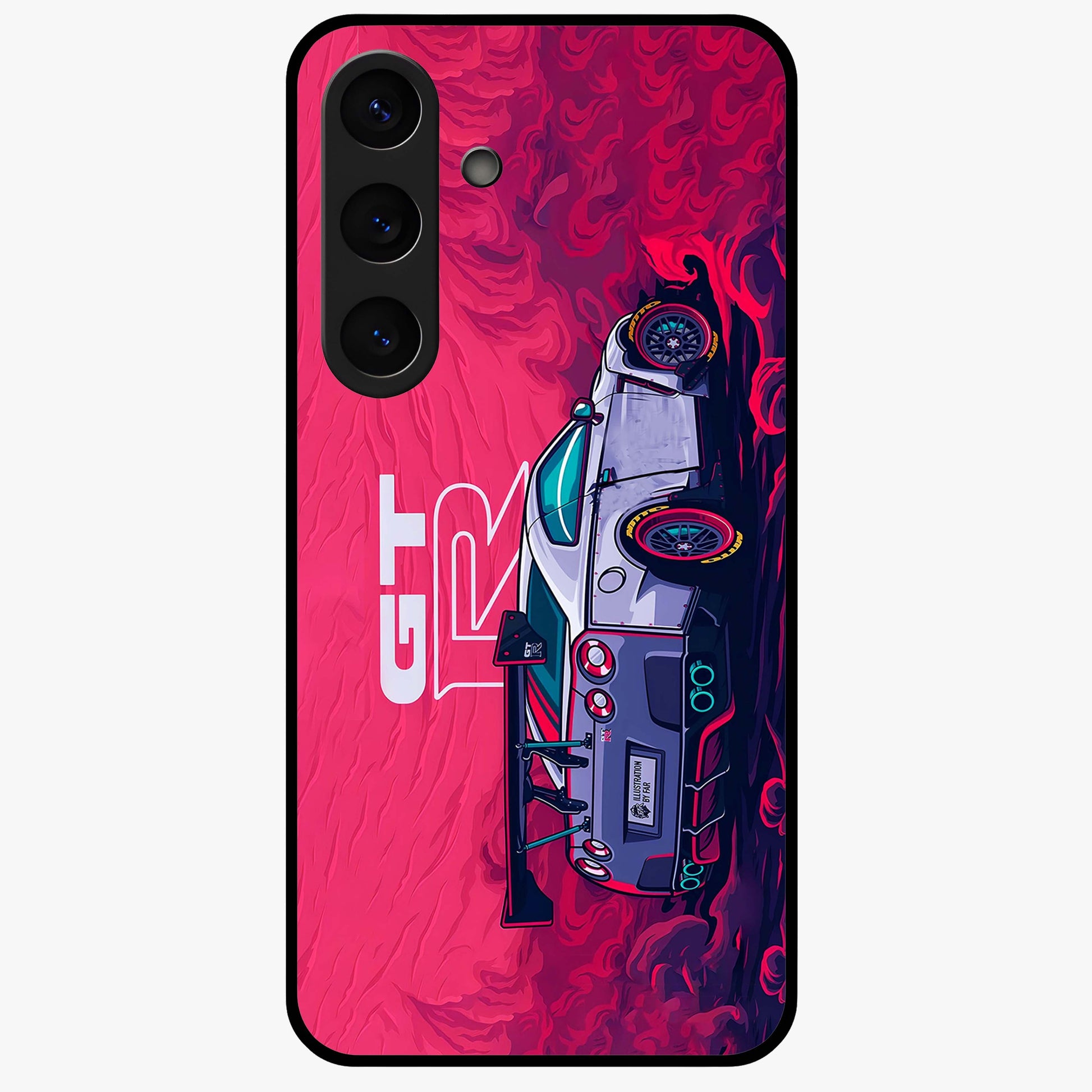 GT-R Car Pattern Glass Case showing flat back view with sporty car inspired pattern artwork and glossy glass finish.