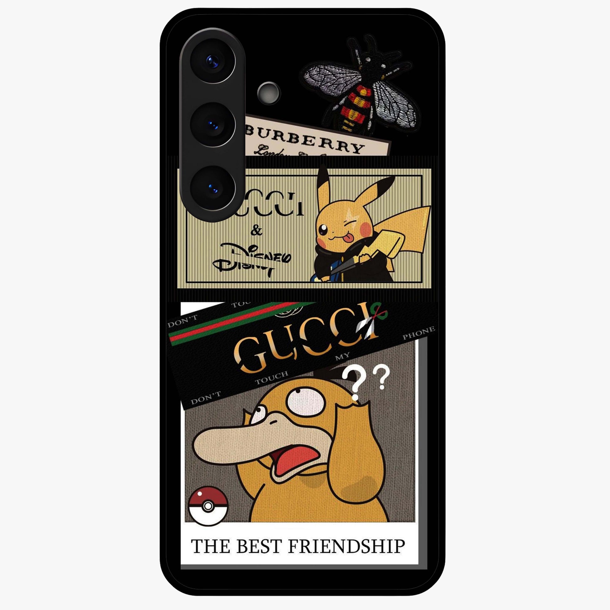 Gucci Play Mashup Glass Case showing flat back view with luxury inspired graphic artwork and glossy glass finish.