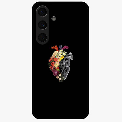 Heart With Flowers Glass Case showing flat back view with heart shaped floral artwork and glossy glass finish.