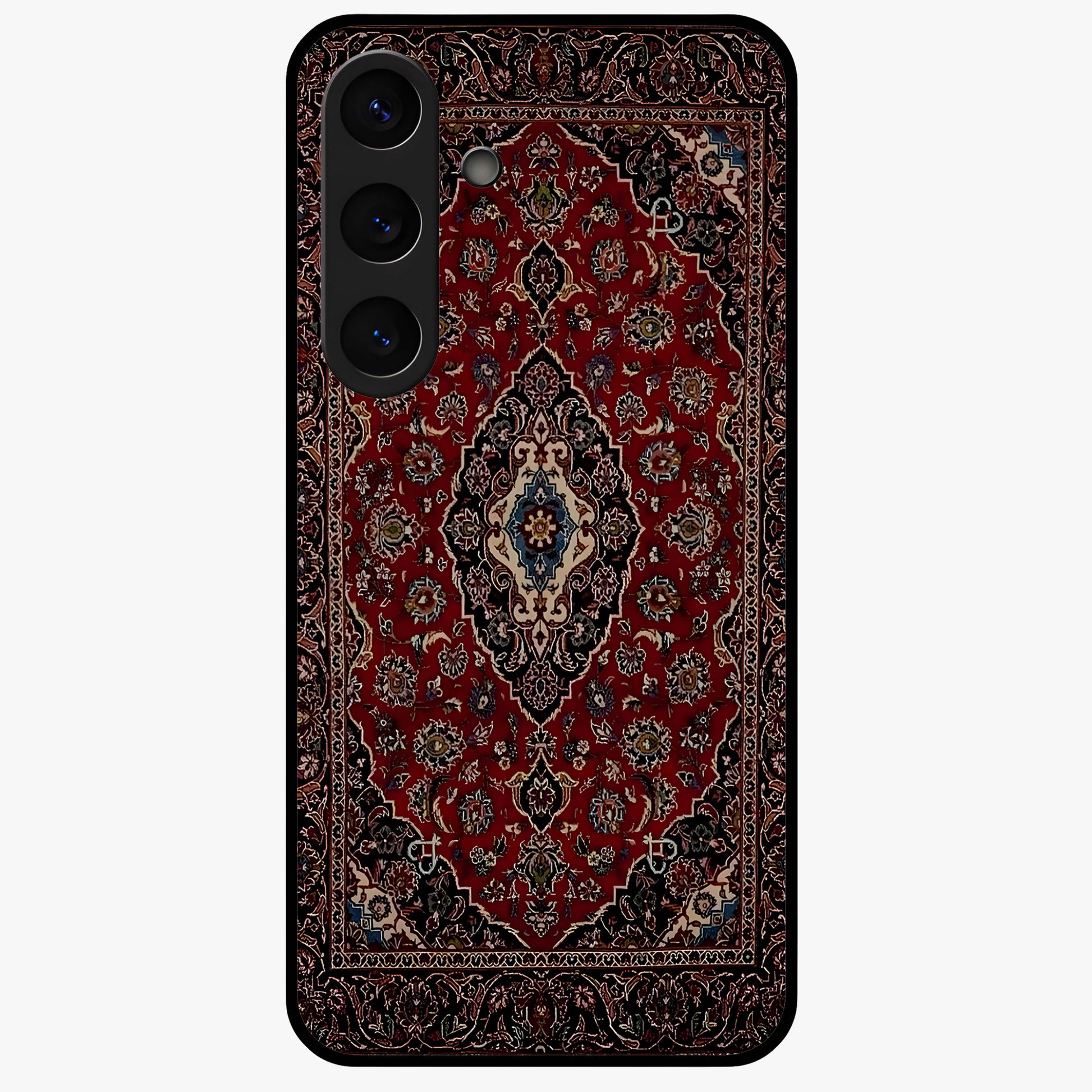 Heritage Carpet Royale Glass Case showing flat back view with ornate Persian carpet inspired pattern and glossy glass finish.