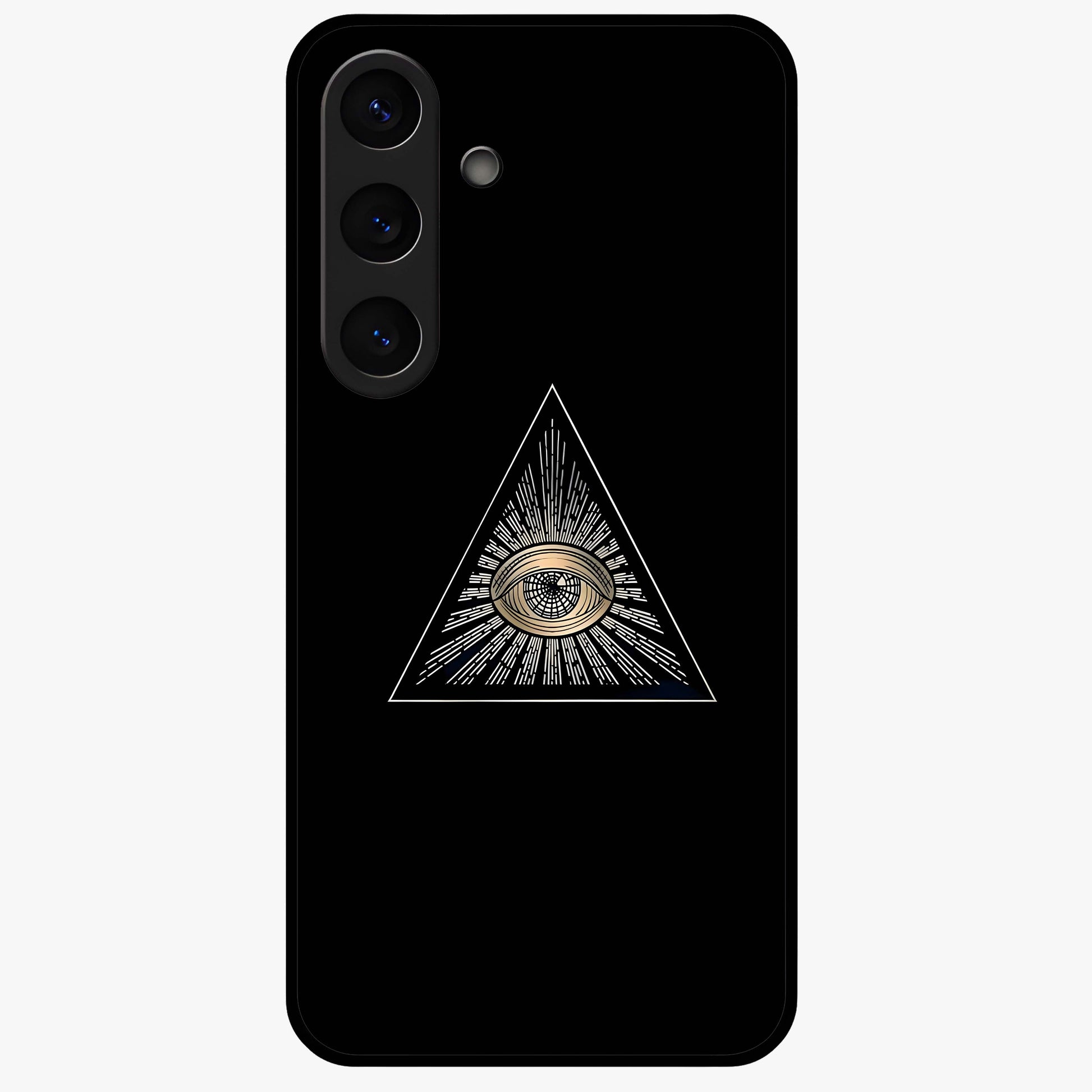 Illuminati Evil Glass Case showing flat back view with mysterious illuminati symbol artwork and glossy glass finish.