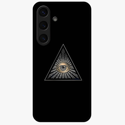 Illuminati Evil Glass Case showing flat back view with mysterious illuminati symbol artwork and glossy glass finish.