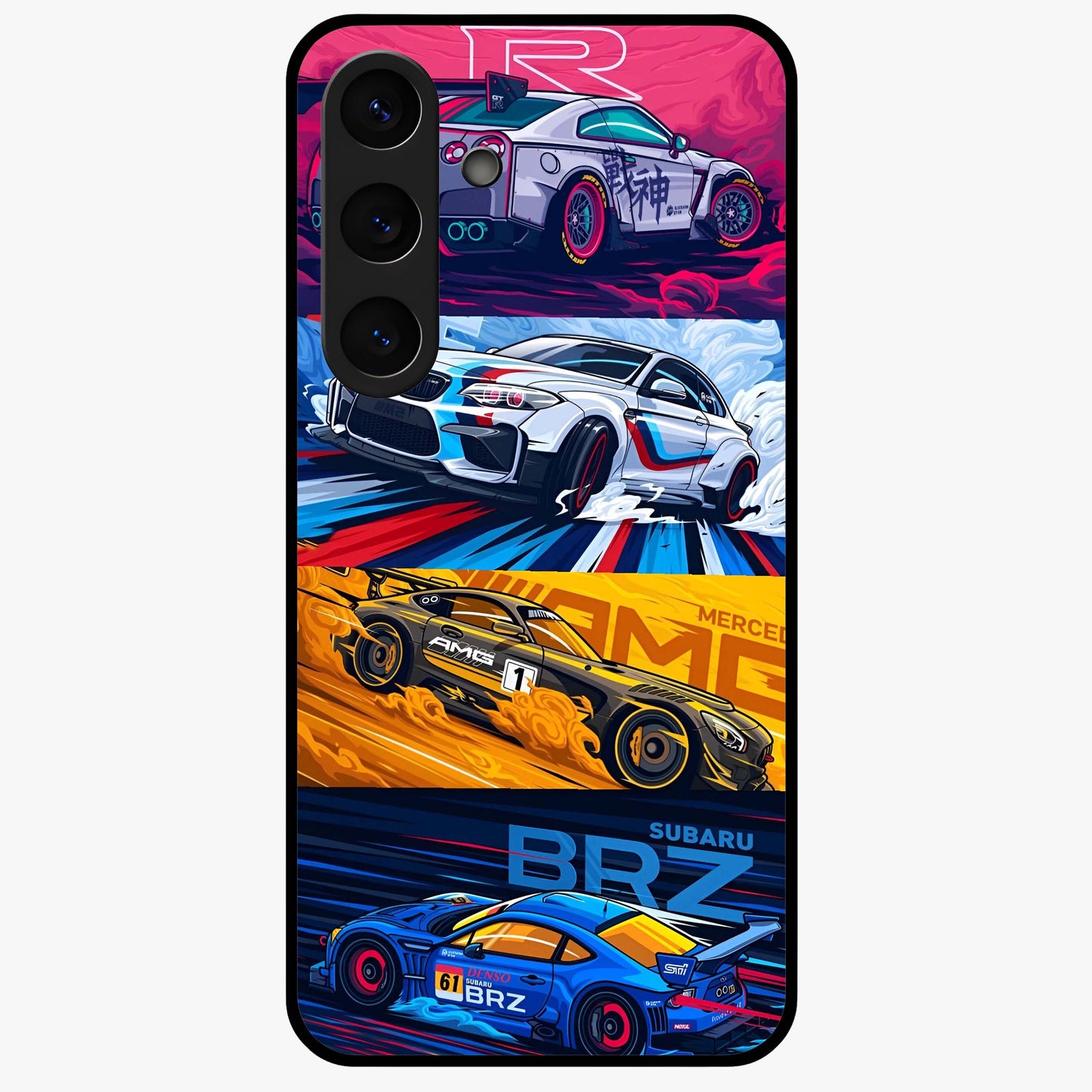 JDM Sports Car Glass Case showing flat back view with high performance sports car artwork and glossy glass finish.