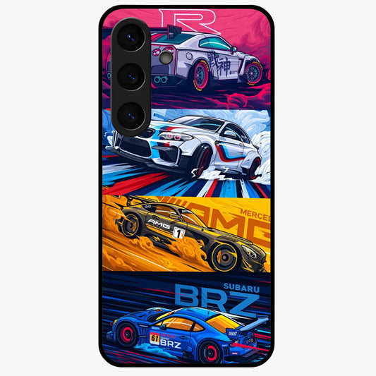 JDM Sports Car Glass Case showing flat back view with high performance sports car artwork and glossy glass finish.