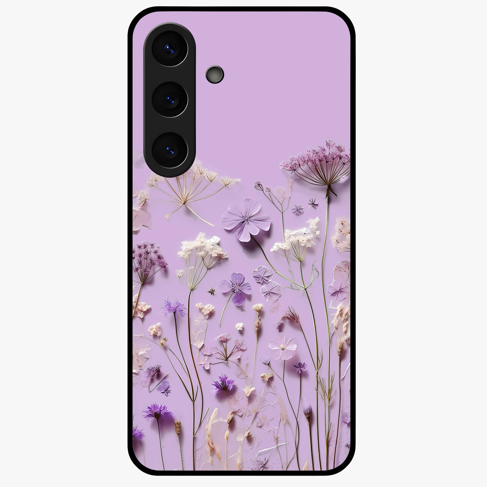 Lavender Blossom Dream Glass Case showing flat back view with soft lavender floral artwork and glossy glass finish.