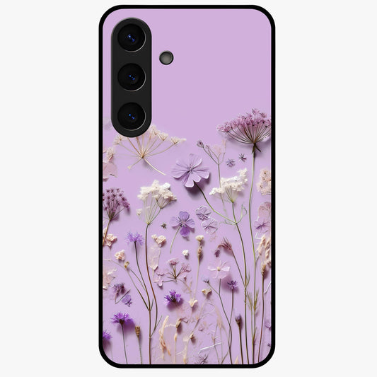 Lavender Blossom Dream Glass Case showing flat back view with soft lavender floral artwork and glossy glass finish.