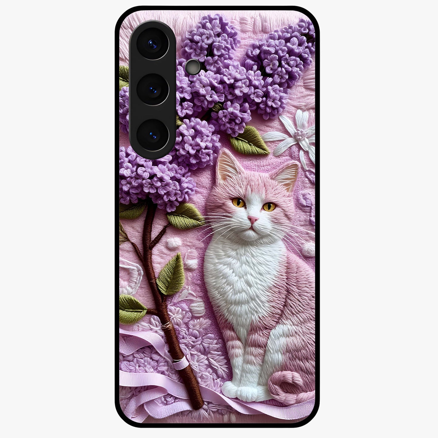 Lavender Cat Whimsy Glass Case showing flat back view with cute lavender cat artwork and glossy glass finish.