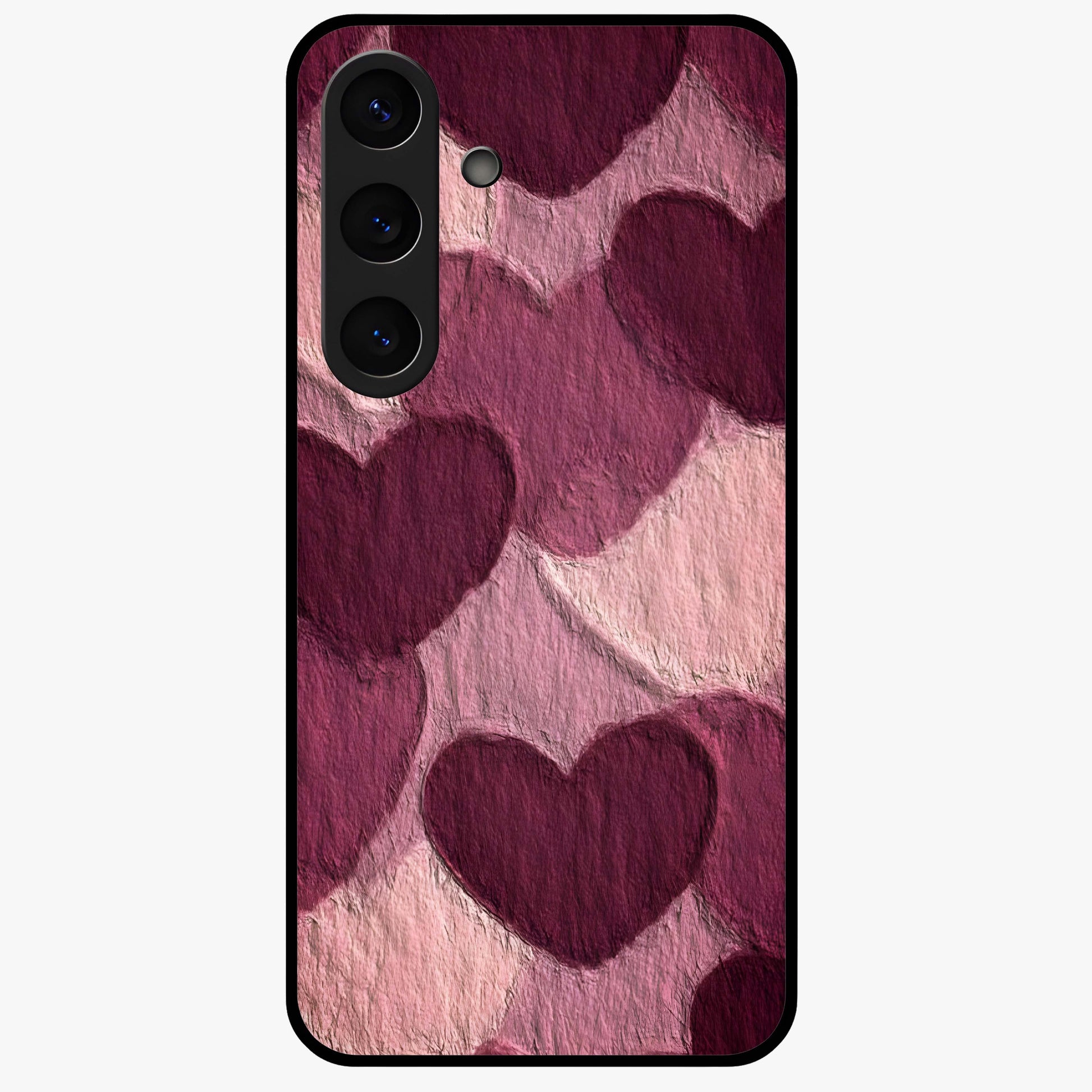 Layered Paper Hearts Glass Case showing flat back view with layered paper heart artwork and glossy glass finish.