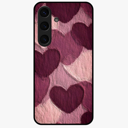 Layered Paper Hearts Glass Case showing flat back view with layered paper heart artwork and glossy glass finish.