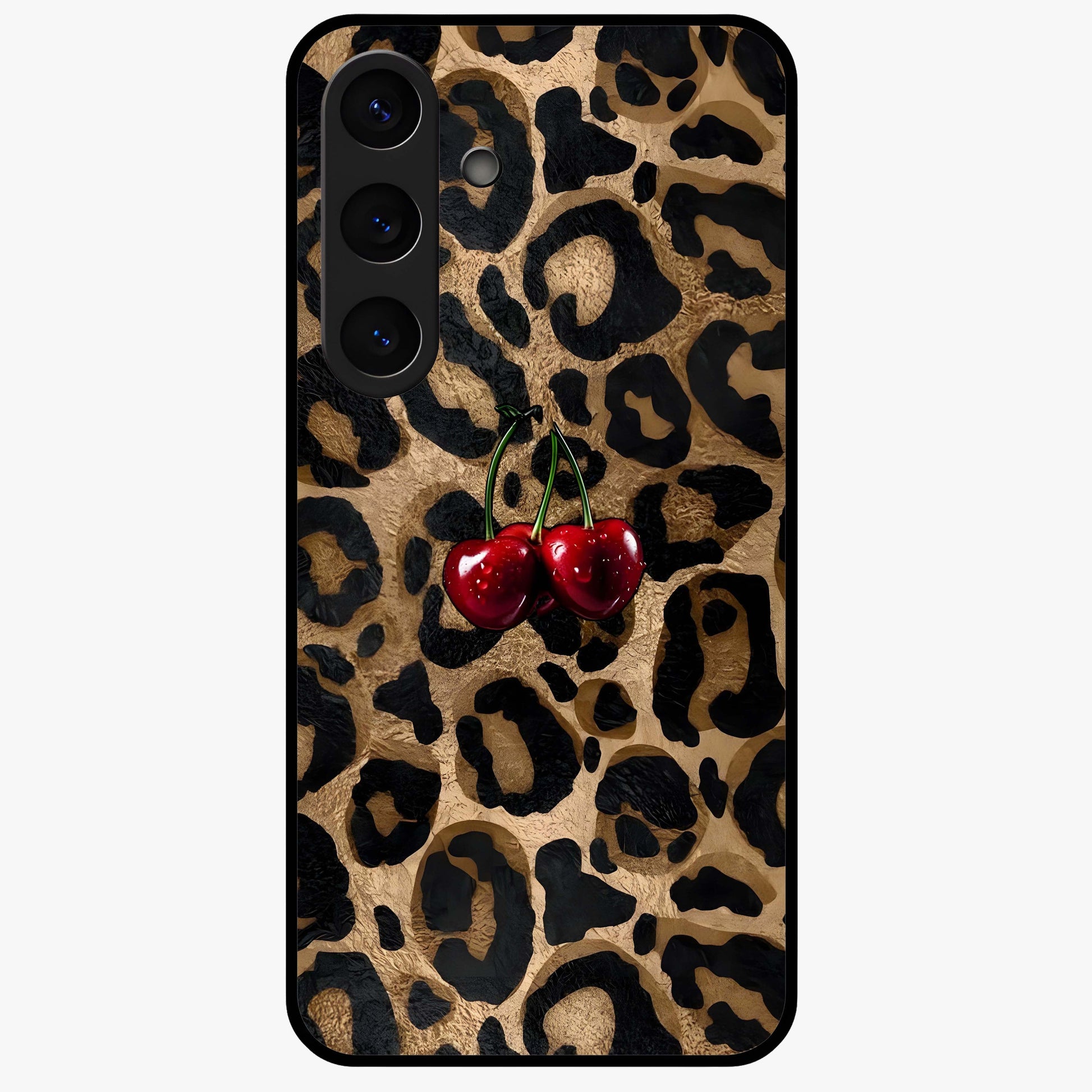 Leopard Wild Cherry Glass Case showing flat back view with leopard pattern and cherry artwork and glossy glass finish.