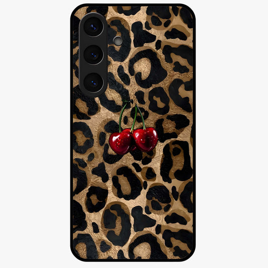 Leopard Wild Cherry Glass Case showing flat back view with leopard pattern and cherry artwork and glossy glass finish.