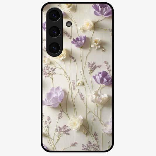 Lilac Breeze Harmony Glass Case showing flat back view with soft lilac themed artwork and glossy glass finish.