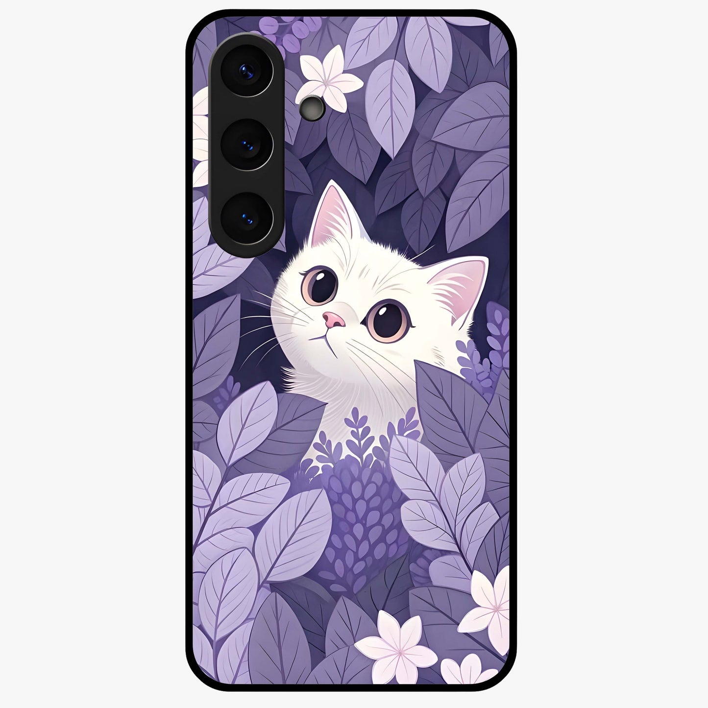 Lilac Hide Peek Cat Glass Case showing flat back view with cute peeking cat artwork and glossy glass finish.