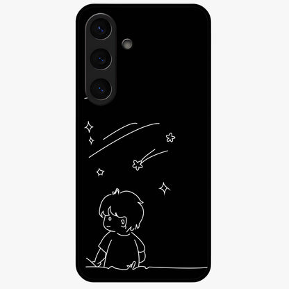 Line Art Boy With Shooting Stars Glass Case showing flat back view with minimal line art boy and shooting stars illustration and glossy glass finish.