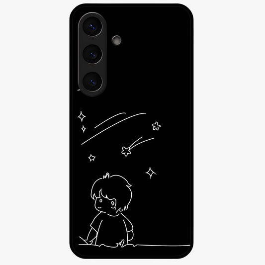 Line Art Boy With Shooting Stars Glass Case showing flat back view with minimal line art boy and shooting stars illustration and glossy glass finish.