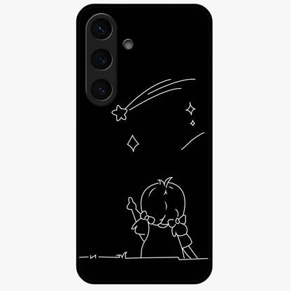 Line Art Girl With Shooting Stars Glass Case showing flat back view with minimal line art girl and shooting stars illustration and glossy glass finish.