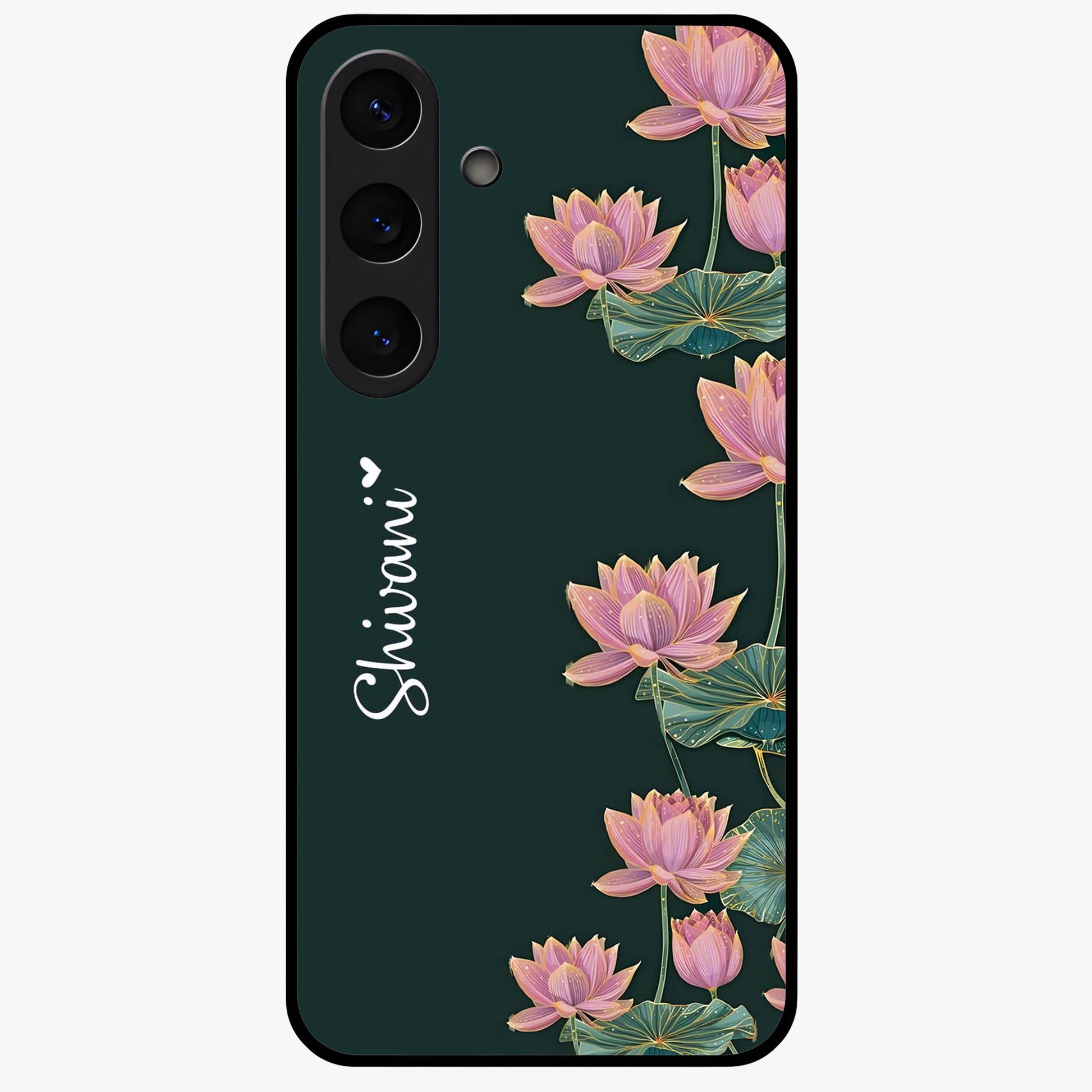 Lotus Bloom Serenity Custom Name Glass Case showing flat back view with elegant lotus flower artwork and personalized name design.