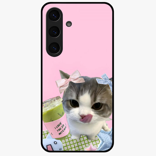 Love Matcha Cat Glass Case showing flat back view with cute cat and matcha themed artwork and glossy glass finish.