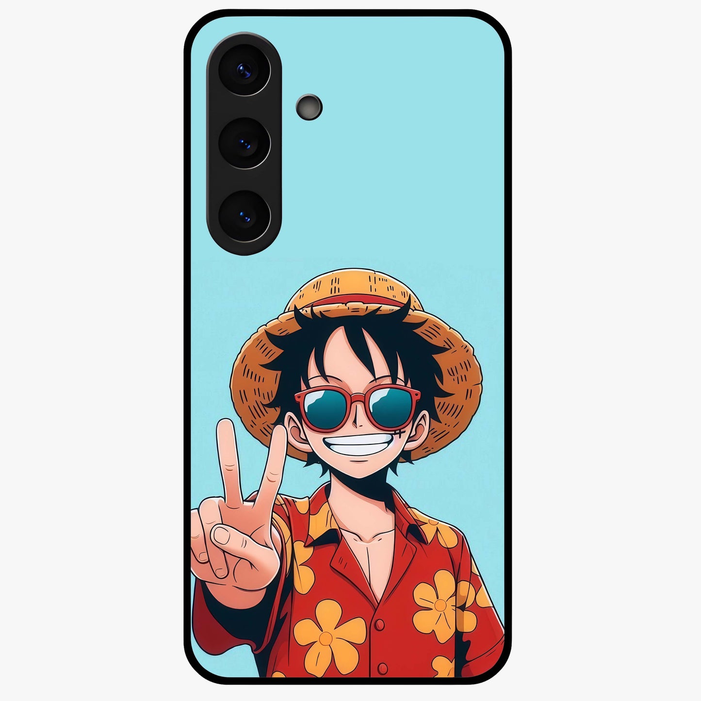 Luffy Summer Anime Vibe Glass Case showing flat back view with vibrant anime character artwork and glossy glass finish.