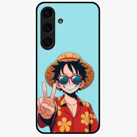Luffy Summer Anime Vibe Glass Case showing flat back view with vibrant anime character artwork and glossy glass finish.