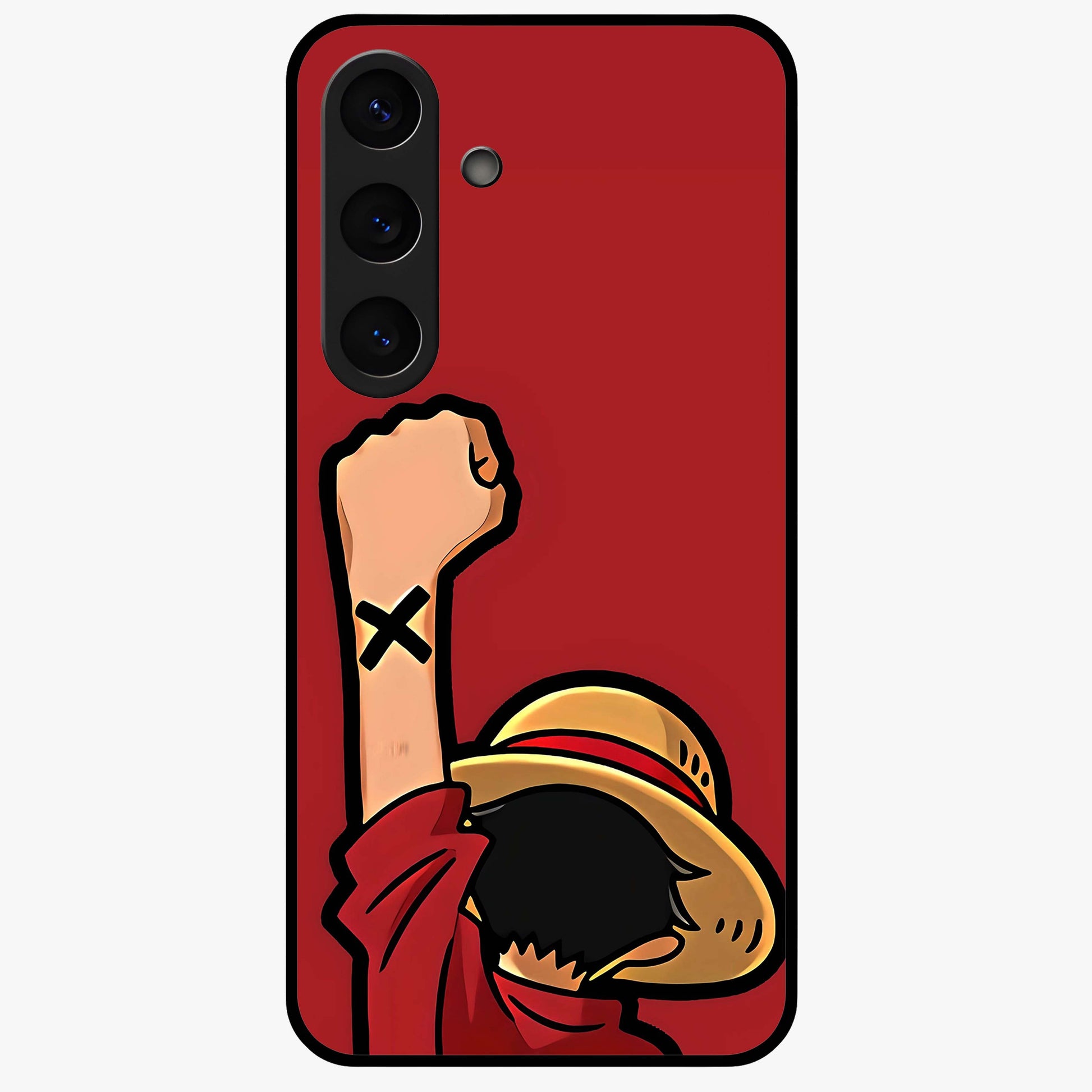 Luffy X Spirit Glass Case showing flat back view with bold anime character artwork and glossy glass finish.