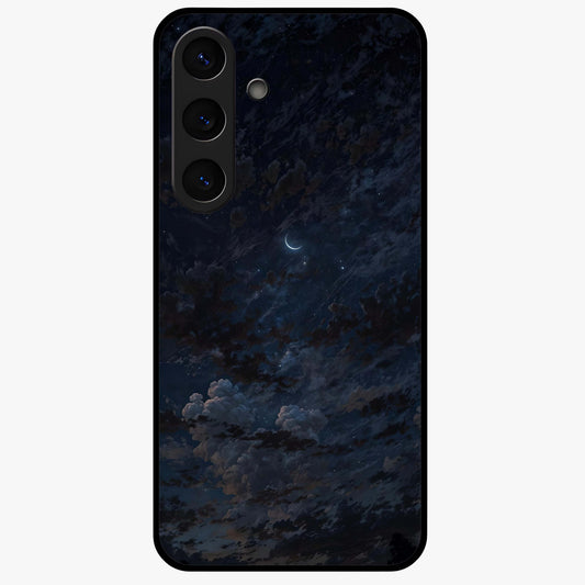 Lunar Veil Silence Glass Case showing flat back view with mystical moon veil artwork and glossy glass finish.