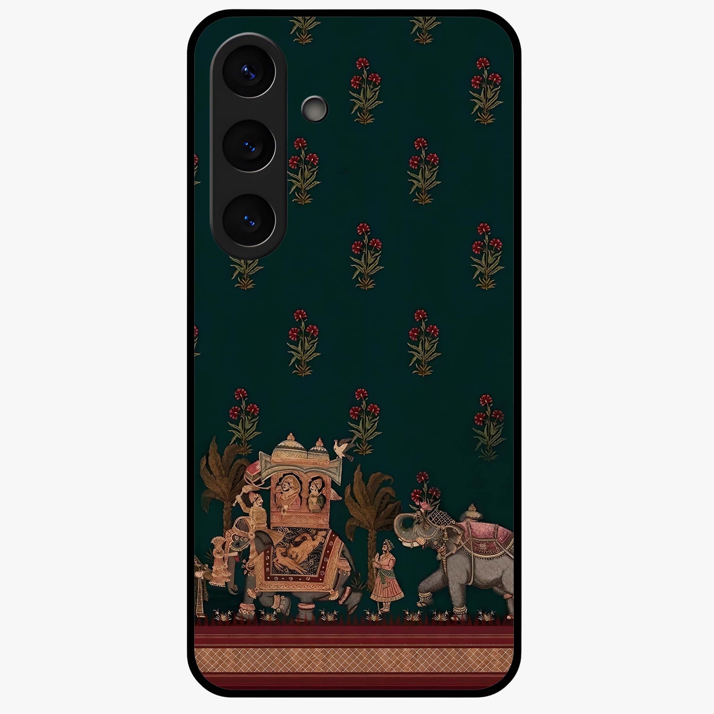 Macmerise Glass Case showing flat back view with stylish modern artwork and glossy glass finish.