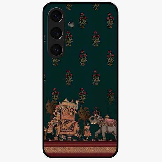 Macmerise Glass Case showing flat back view with stylish modern artwork and glossy glass finish.