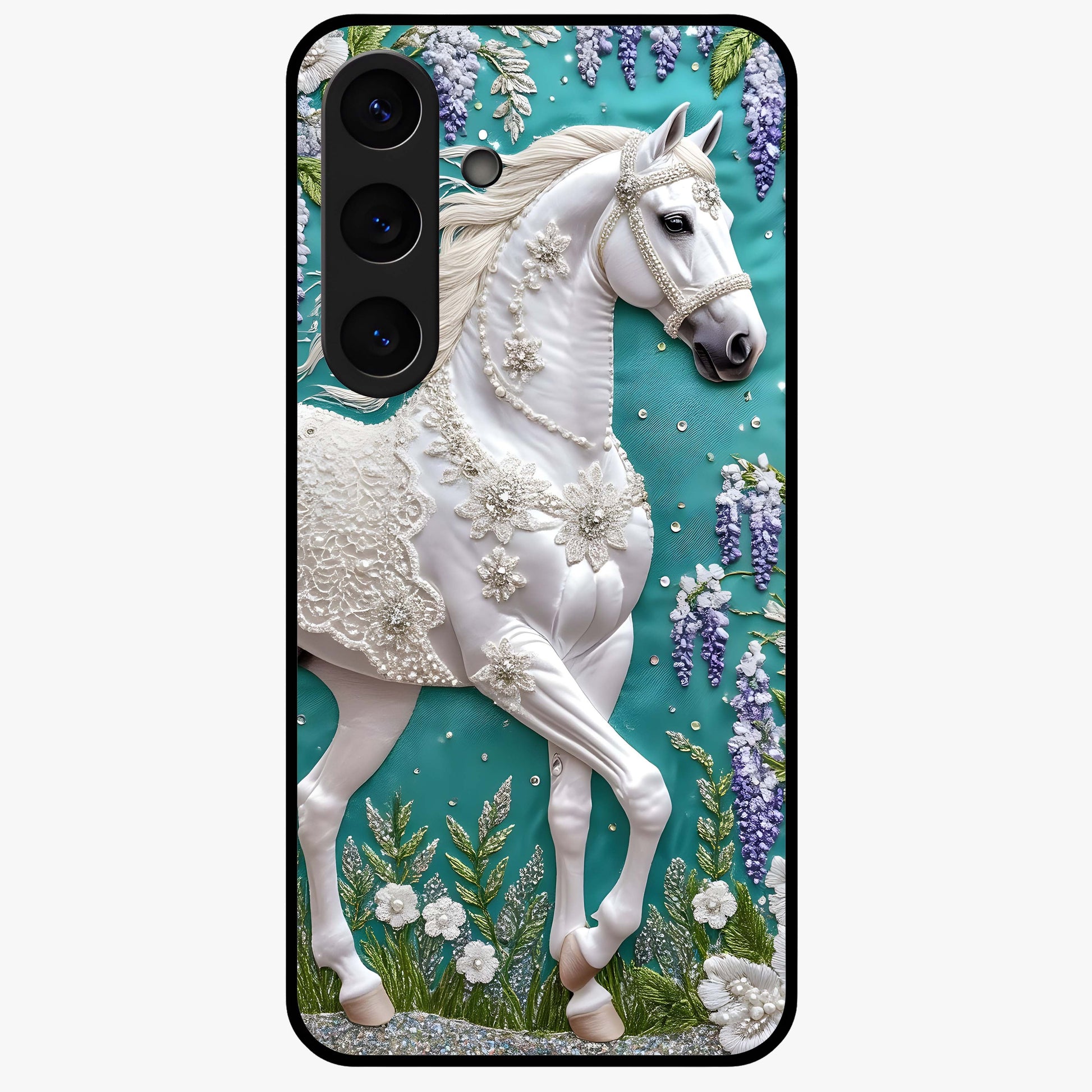 Majestic Floral Stallion Glass Case showing flat back view with powerful horse and floral artwork and glossy glass finish.