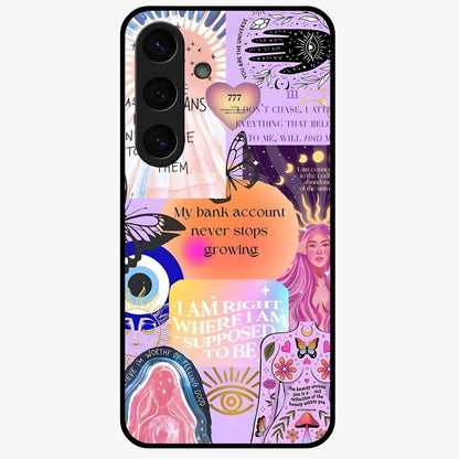 Manifestation Collage Glass Case showing flat back view with motivational collage artwork and glossy glass finish.